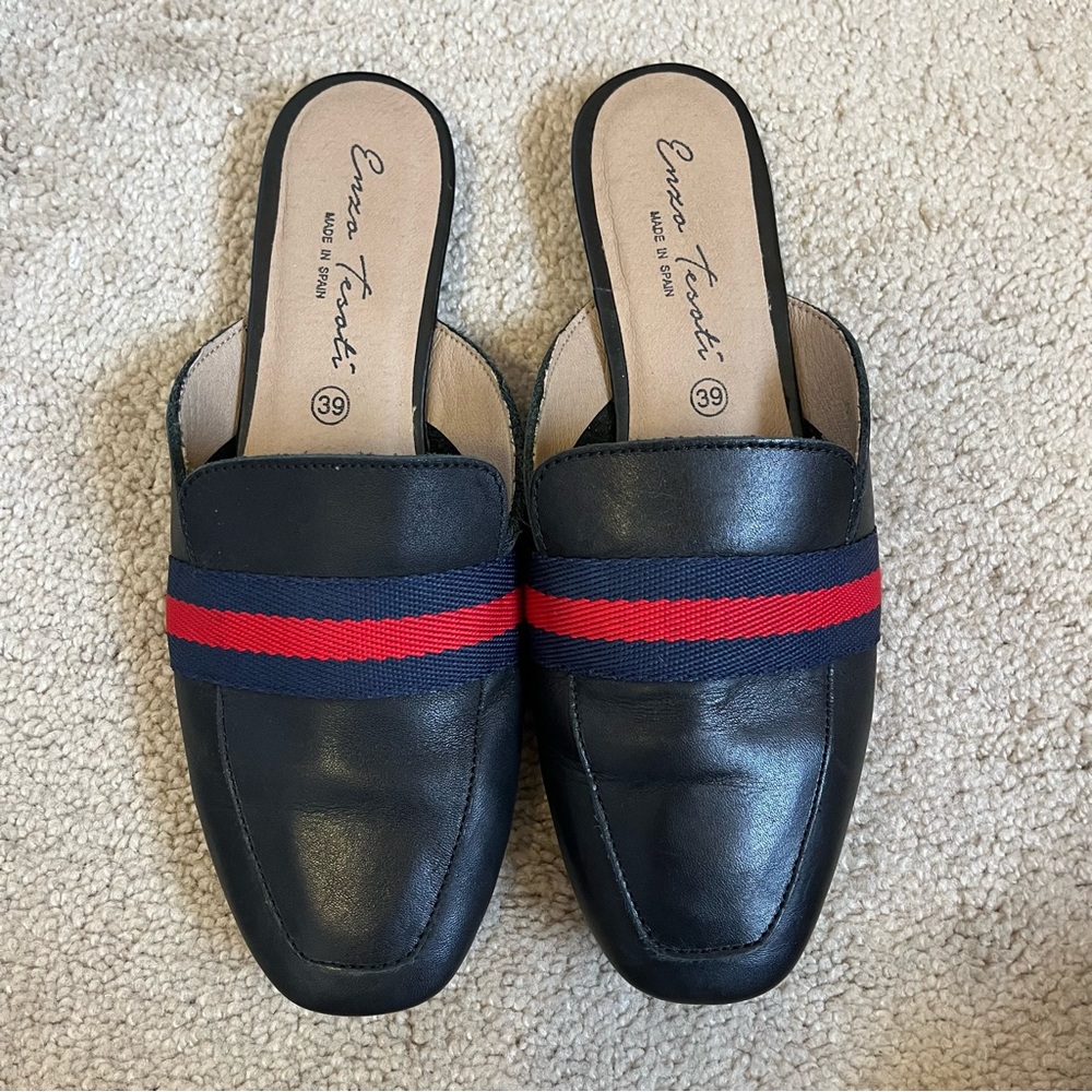 Enzo Tesoti Shoe Slide Black Leather Slip On Flat Blue Red Stripe Spain Mule 39
